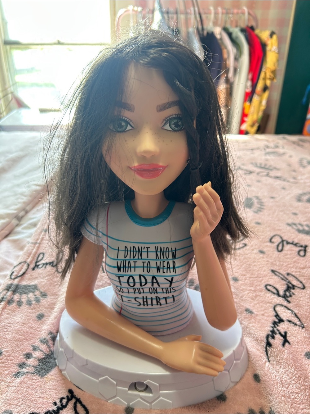 Kids Styling Head Doll with White & Teal Striped Tee